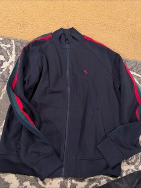 Original Penguin Navy Full-Zip Sweater with Red & Green Shoulder Stripes